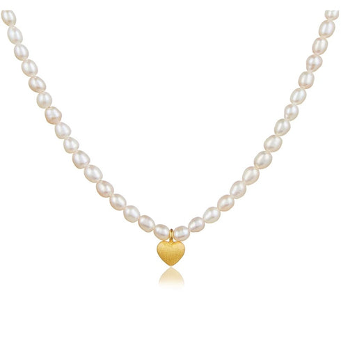 Gold Heart Pendant Rice Pearl Beaded Necklace